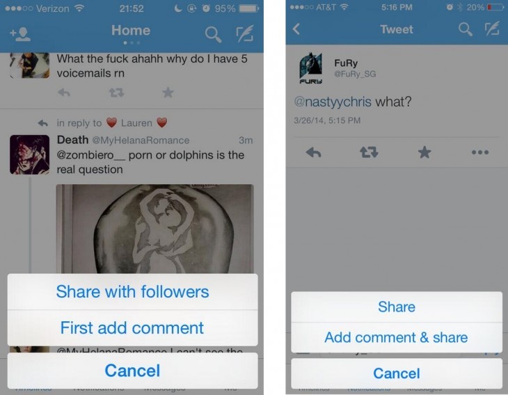 I nuovi pulsanti per la condivisione dei tweet.