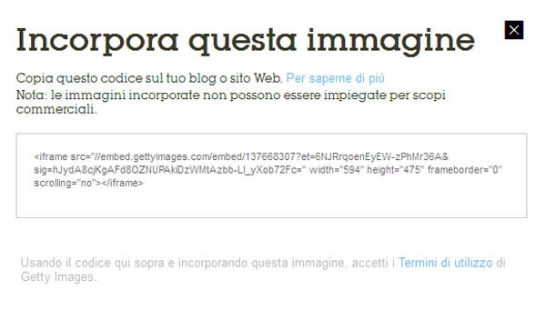 La finestra che si apre quando si incorpora una qualunque foto di GettyImages. La scelta della società viene dalla considerazione che proteggere strettamente l'uso delle immagini è pressochè inutile.