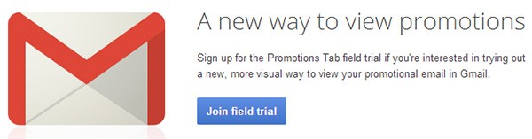 La pagina per richiedere l'ammissione al test della nuova sezione Promozioni di Gmail