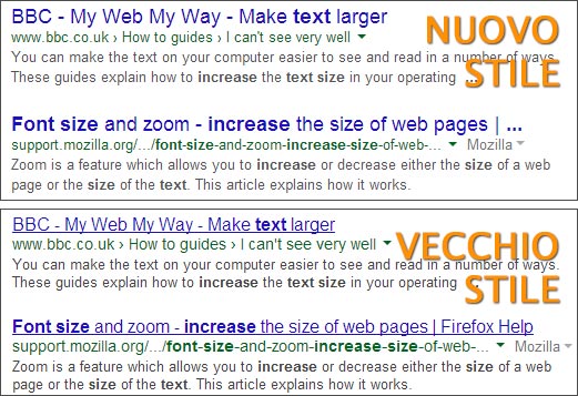 Il nuovo stile adottato da Google per i link nelle pagine dei risultati, a confronto con quello utilizzato fino ad alcuni giorni fa