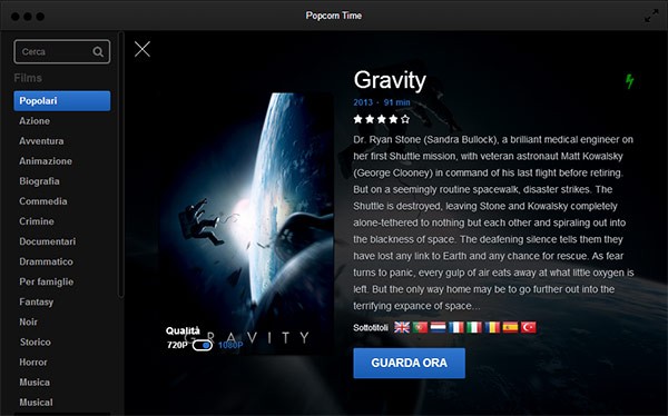 Ogni film presente nell'archivio di Popcorn Time è presentato con una scheda completa