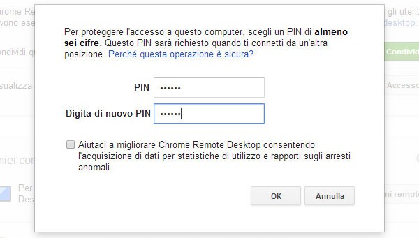 Chrome Remote Desktop: PIN di sicurezza