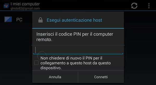 Chrome Remote Desktop: inserimento PIN