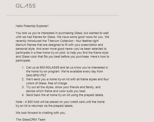 Email di Google sulla nuova iniziativa di prova legata ai Glass