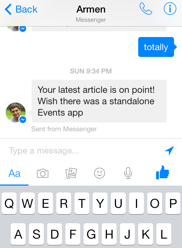 Nuove opzioni per la condivisione di foto, video e sticker su Facebook Messenger 5.0 per iOS.