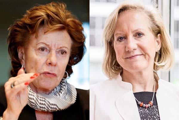 A sinistra: Neelie Kroes, commissario all'Agenda digitale europea. Alla notizia che il Belgio ha vietato Uber nel paese, ha reagito con veemenza, puntando l'indice contro Brigitte Grouwels (a destra), ministro dei trasporti. La quale ha difeso la sentenza e spiegato che Uber non soddisfa i criteri da lei stessa imposti negli ultimi cinque anni a tutale dei consumatori.