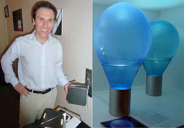 A sinistra, Giorgio Traverso e i suoi cubi luminosi scomponibili e piegabili (giorgiotraverso.com). A destra: Atmos, le lampade atmosferiche del designer francese Arturo Erbsman (.arturoerbsman.com).