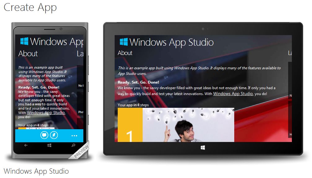 La nuova schermata per la creazione delle app universali.