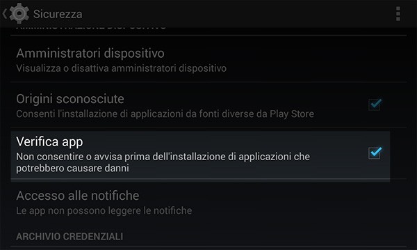 Per trovare la voce "Verifica app" è sufficiente aprire il menu "Sicurezza" tra le "Impostazioni" di Android
