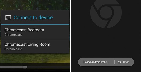 Il supporto a Chromecast per i video HTML 5 (a sinistra) e il pulsante per riaprire le schede chiuse di recente (a destra) in Chrome Beta 35 per Android