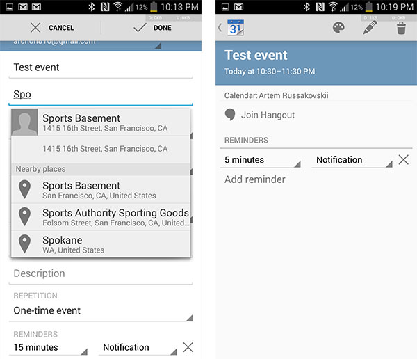 Le novità introdotte in Google Calendar per Android: suggerimenti per i luoghi nelle vicinanze (a sinistra) e videoconferenze tramite Hangouts (a destra)