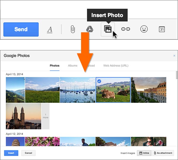 Il procedimento da effettuare per inserire in un messaggio di posta Gmail una delle fotografie scattate con lo smartphone e caricate automaticamente su server remoto con la funzionalità Auto Backup