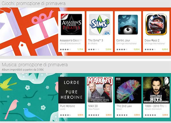 Alcuni dei contenuti scontati su Google Play per le "Promozioni di primavera"