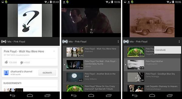 Screenshot per la funzionalità YouTube Mix, da qualche giorno disponibile anche su smartphone e tablet con sistema operativo Android