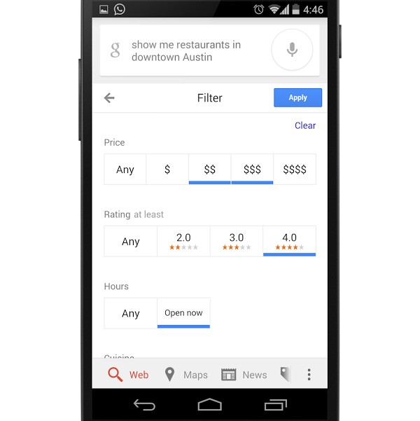I filtri per la ricerca di alberghi e ristoranti su Google, tramite dispositivi mobile