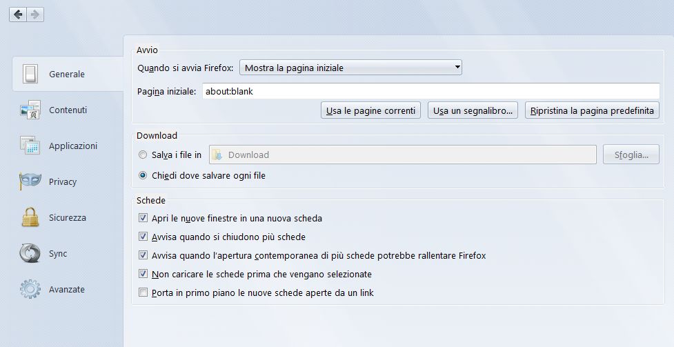 Le opzioni in-tab di Firefox 29
