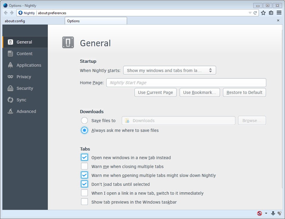 Le opzioni in-tab di Firefox 32.