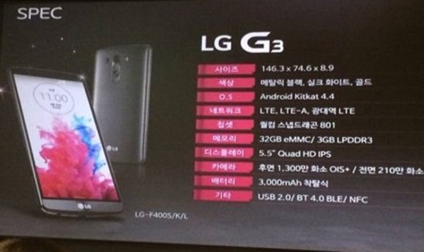Una diapositiva mostra le specifiche del prossimo LG G3