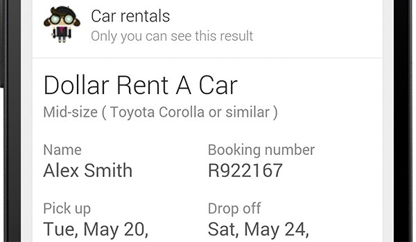 L'assistente Google Now mostra le informazioni sulle prenotazioni effettuate presso i servizi di autonoleggio