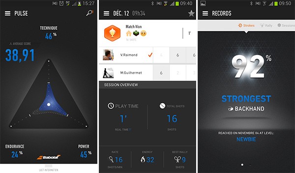 Screenshot per l'applicazione mobile che gestisce le informazioni e statistiche raccolte dalla racchetta da tennis Babolat Play Pure Drive