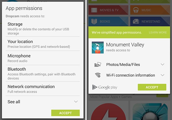 L'elenco delle autorizzazioni richieste dalle app nella vecchia versione di Play Store (a sinistra) e in quella nuova (a destra)