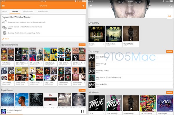 Il layout ottimizzato per iPad dell'applicazione Google Play Music
