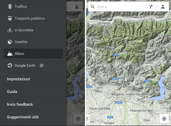 L'aggiornamento alla versione 8.1 introduce nuovamente la voce "Rilievi" nell'applicazione Google Maps per Android