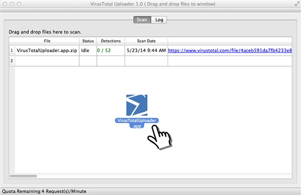 L'interfaccia del software VirusTotal Uploader nella nuova versione per computer OS X