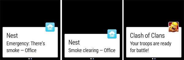 Alcuni esempi di notifiche mostrate da un dispositivo indossabile equipaggiato con Android Wear