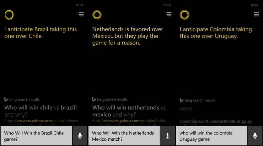 Cortana ha previsto le vittorie di Brasile, Olanda e Colombia.