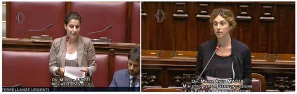 A sinistra: Mirella Liuzzi (M5S). La sua interpellanza sull'agenda digitale e l'Agid ha evidenziato i ritardi e le carenze strategiche. Il ministro Marianna Madia (a destra), ha risposto che l'attuazione degli adempimenti è particolarmente sentito dal governo a causa dei forti ritardi negli obiettivi. Confermata la nomina del nuovo direttore dell'Agid nei prossimi giorni, e comunque prima dell'8 luglio, data del Digital Venice.