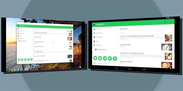 L'applicazione Evernote in esecuzione su un tablet Android (a destra) e su un Chromebook (a sinistra), con la stessa interfaccia