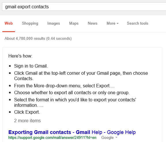 La guida all'esportazione dei contatti Gmail, mostrata da Google direttamente nelle SERP del motore di ricerca