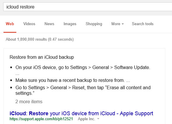 La guida al ripristino dei backup di iCloud, mostrata da Google direttamente nelle SERP del motore di ricerca