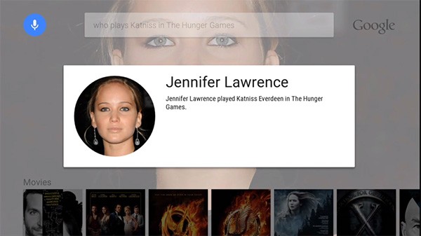 Le informazioni sull'attrice Jennifer Lawrence visualizzate dalla piattaforma Android TV, tramite un semplice comando vocale