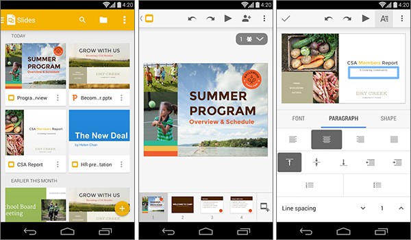 Screenshot per l'applicazione Presentazioni, lanciata oggi da Google su Play Store