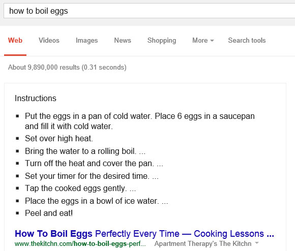 La guida su come far bollire le uova, mostrata da Google direttamente nelle SERP del motore di ricerca