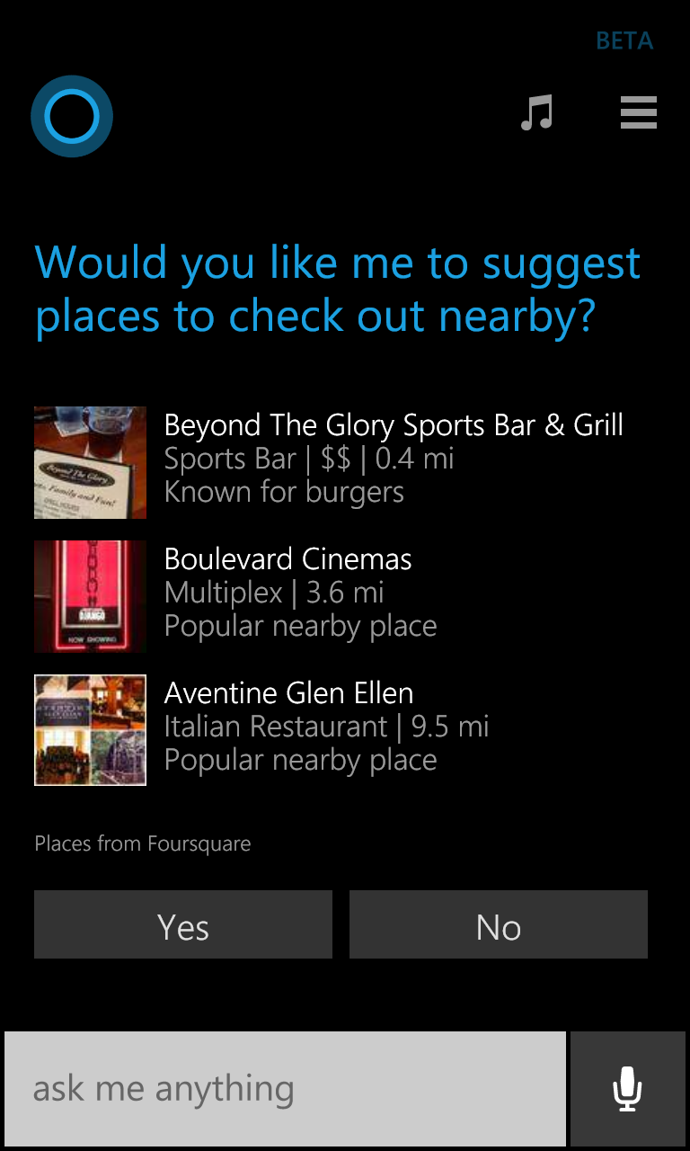 Cortana suggerisce i punti di interesse, usando i dati di Foursquare.
