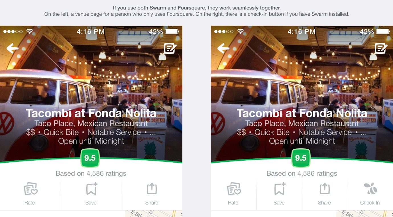 L'app Foursquare senza Swarm (a sinistra) e con Swarm (a destra).