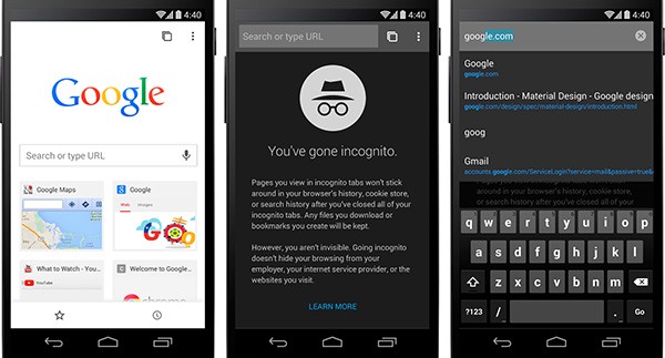 L'interfaccia Material Design integrato nel browser Chrome Beta per Android