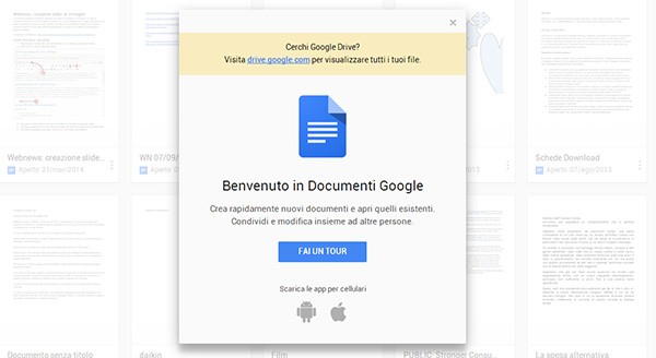 Un messaggio dà il benvenuto agli utenti nella nuova versione Web di Documenti Google