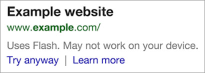 Google avvisa i navigatori nelle SERP per le pagine con elementi in Flash: "Potrebbe non funzionare sul vostro dispositivo".