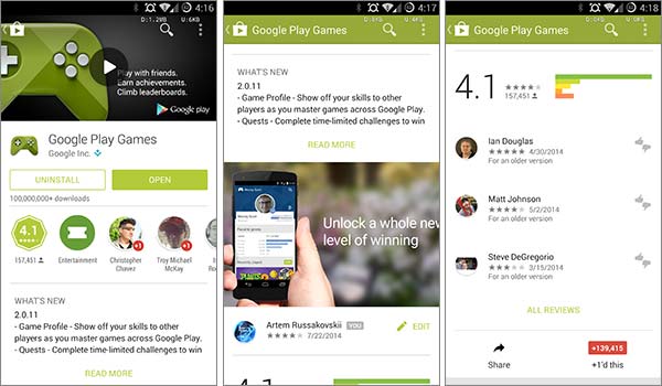 La nuova interfaccia del Play Store sui dispositivi Android, con l'introduzione del Material Design