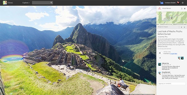 Uno scatto Photo Sphere su Google Views (a destra la nuova sezione dedicata ai commenti)