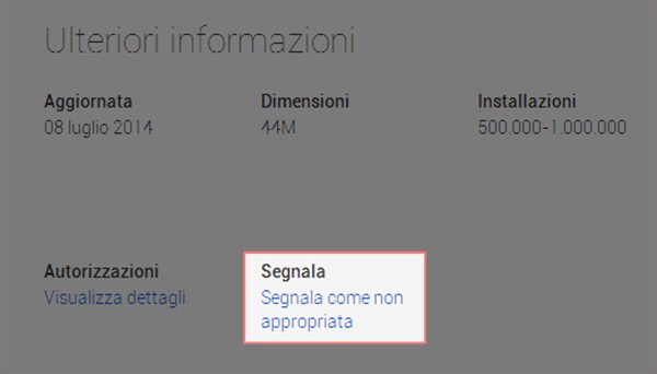 Il link per segnalare le applicazioni "non appropriate" direttamente dalle schede dello store Google Play