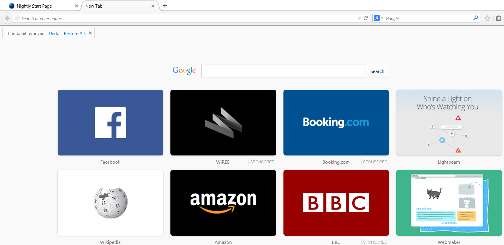 Tile sponsorizzate nella pagina Nuova scheda di Firefox Nightly 34.