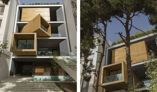 Due immagini mostrano i moduli mobili della Sharifi-ha House