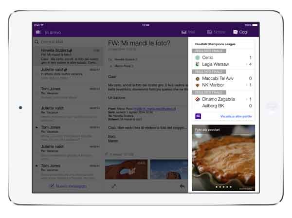 Un esempio di servizio mail unificato su un iPad: da Yahoo Mail è possibile anche seguire in temporeale i risultati sportivi, o i titoli delle azioni.