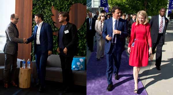 Matteo Renzi, 22 settembre 2014. Il premier italiano ha visitato le sedi di Twitter e Yahoo. Qui con i CEO Dick Costolo e Marissa Mayer. Nella foto di sinistra, al fianco di Renzi, Paolo Barberis. Il fondatore di Dada e Nana Bianca è consulente di palazzo Chigi.