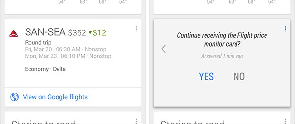 La nuova scheda dell'assistente Google Now per monitorare la variazione di prezzo dei biglietti aerei